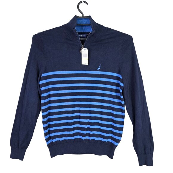 Mens Nautica Navtech Navy & Blue Striped 1/4 Zip Sweater Long Sleeve Size S - Picture 1 of 8